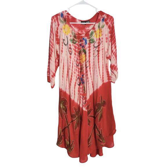 SR Fashion Boho Dress Womens Free Size Red Tie Dye Floral Embroidered 3/4 Sleeve - Picture 1 of 11
